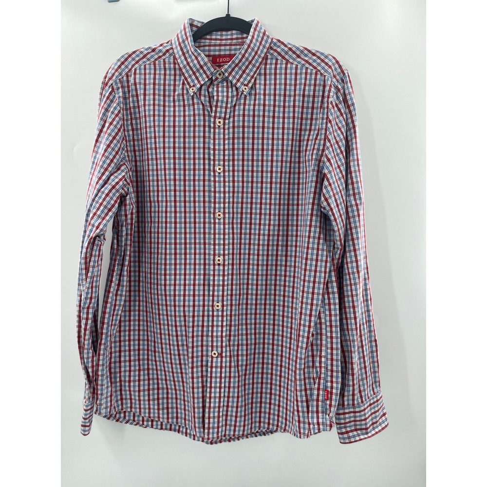IZOD Mens Slim Fit‎ Plaid Button Down Shirt Red White Blue Long Sleeve 1743